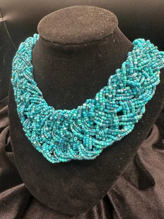 Turquoise Blue Beaded Bib Collar Necklace with Woven Design