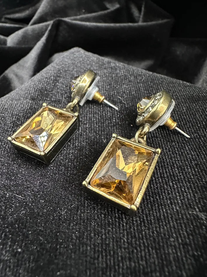 (SOLD) Heidi Daus Crystal Drop Earrings Gold Tone Rectangular Dangle Statement Designer Rhinestone