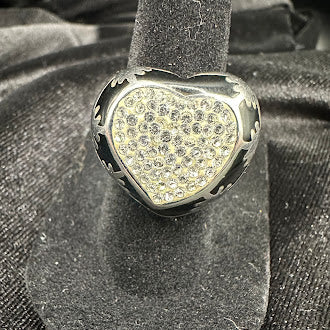 Edforce Stainless Steel Heart Signet Ring | Black Enamel & White Rhinestone Pavé Statement Ring Size 5.75