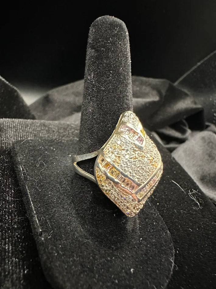 Geometric statement ring marked 925 with baguette and round pavé-style stones, view 4