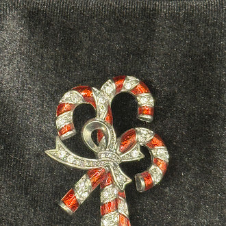 Monet Candy Cane Bow Brooch Vintage Christmas Pin Red White Enamel Rhinestone Holiday Jewelry