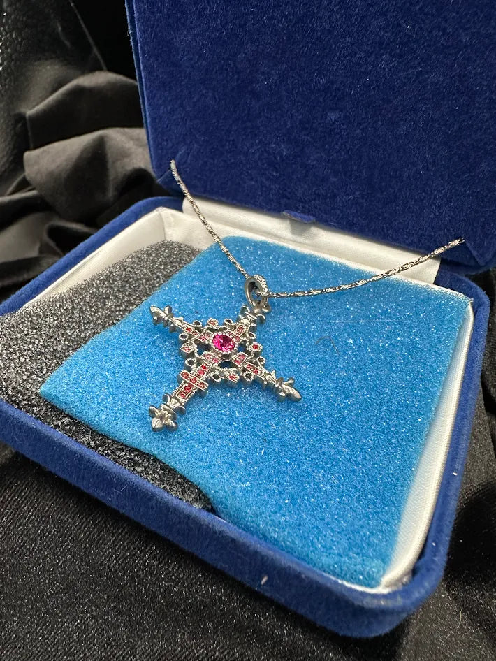 JBK Red Crystal Cross Necklace Silver Tone Ornate Pendant Gothic Style With Box