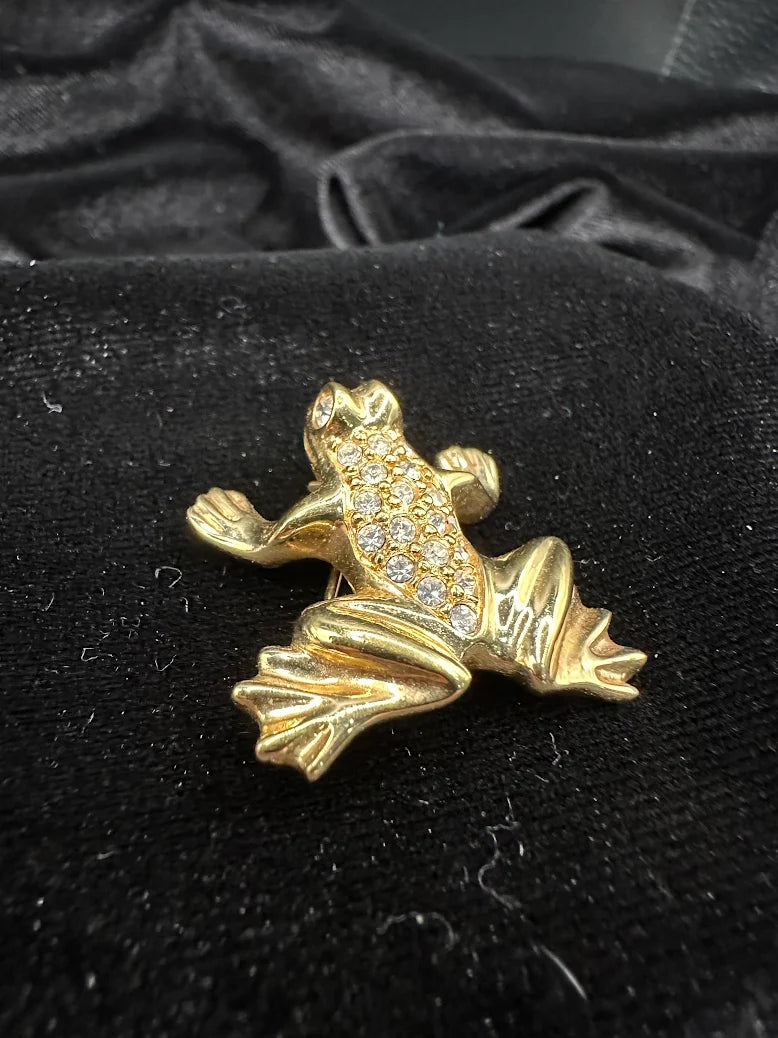 Swarovski gold-tone frog brooch with clear pavé crystals and crystal eye, view 3