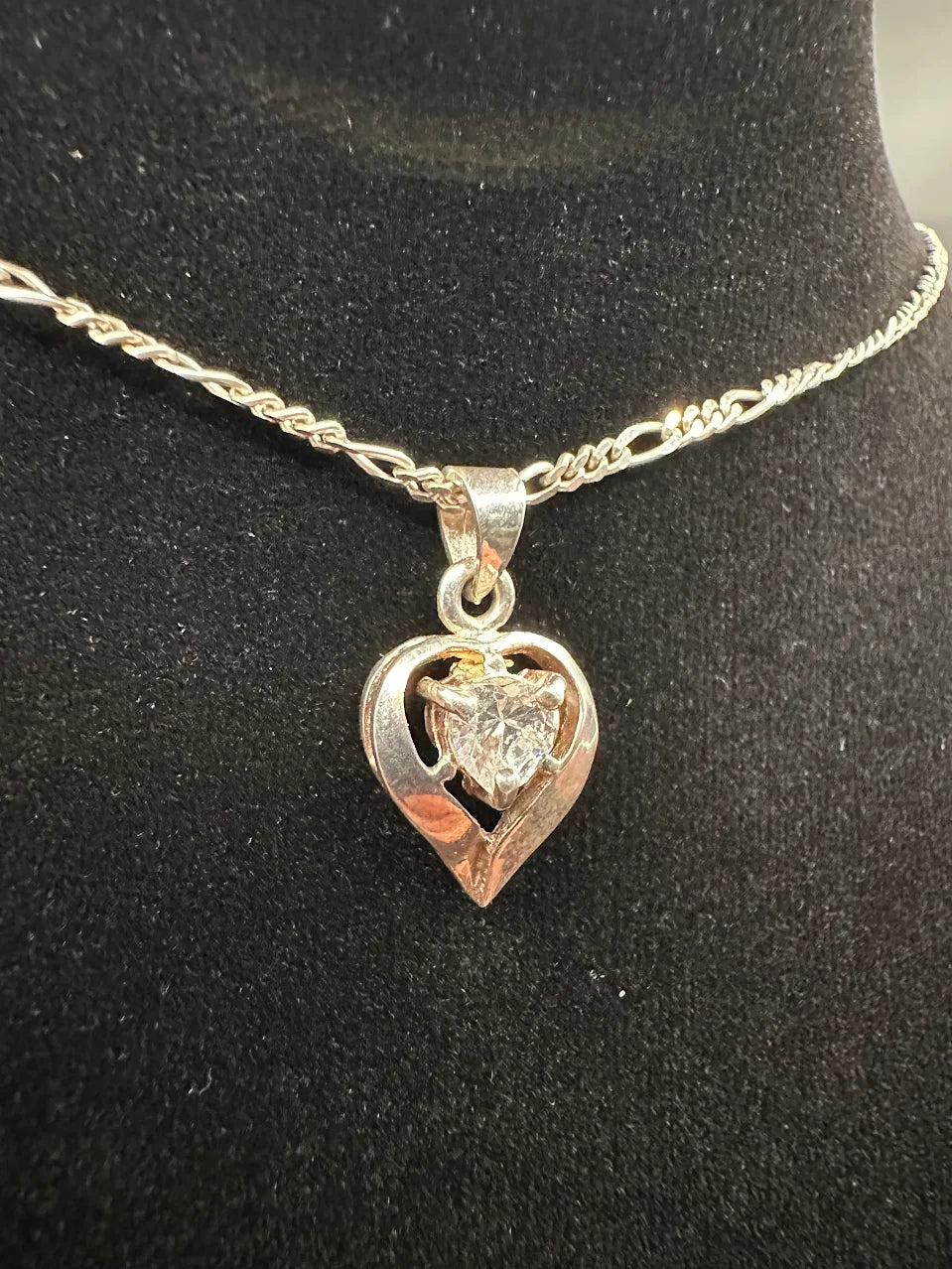 925 Italy Sterling Silver Heart Pendant Necklace Clear Stone Romantic Design