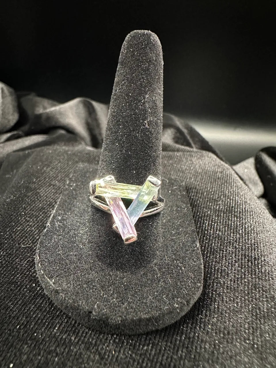 (SOLD) Silver Tone Pastel Baguette Crystal Ring