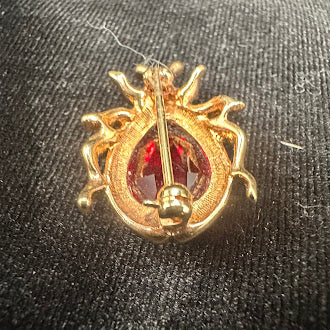 Gold Tone Red Crystal Beetle Brooch