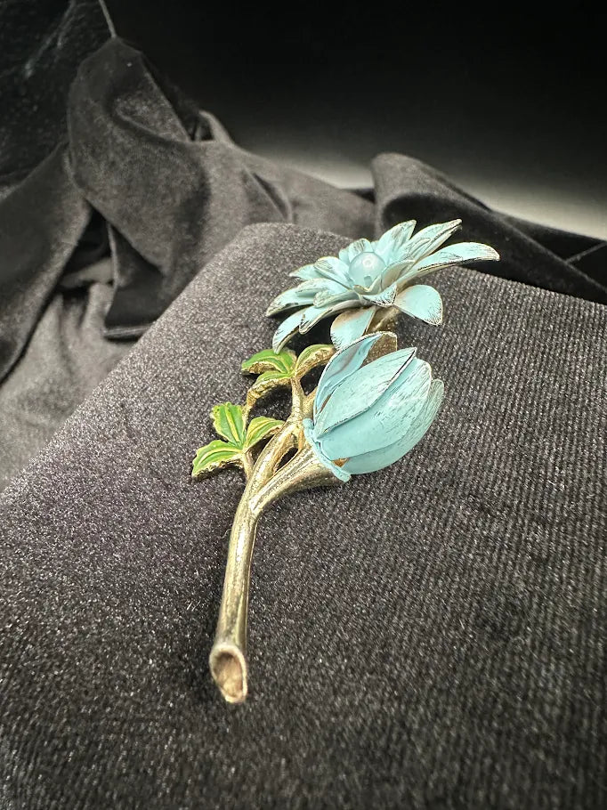 Gold-tone blue enamel flower brooch with green enamel leaves, view 3