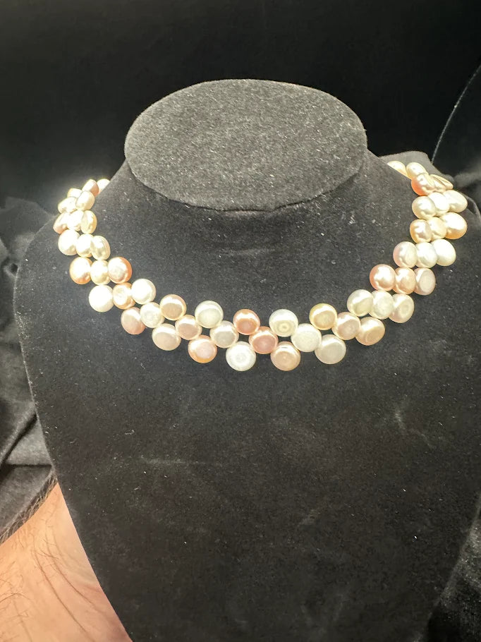 Ivory and blush coin pearl-style multi strand collar necklace, view 5