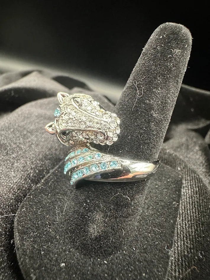 Vintage Horse Head Wrap Ring Silver Tone Blue Rhinestone Equestrian Statement Ring