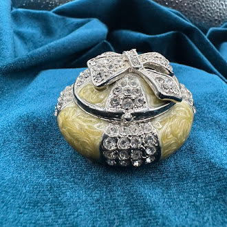 Enamel Mushroom Cap Magnetic Trinket Box Rhinestone Bow Lid Silver Tone Detail