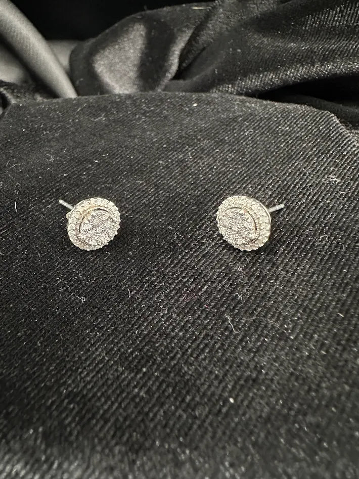 Silver-tone round halo stud earrings with clear cubic zirconia, view 2