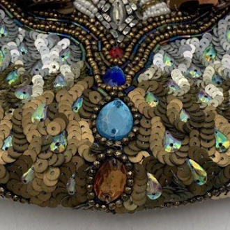 Beaded and sequined owl evening bag with jewel-tone accents and top handle, view 3
