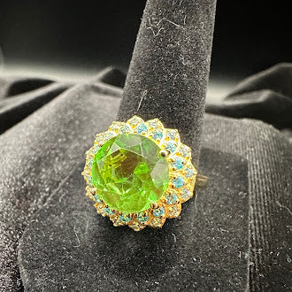 EverTrue Green Quartz Jadeite Style Halo Ring Gold Tone Blue Accent Stones Statement Ring