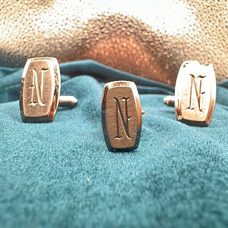 Vintage silver tone monogram N cufflinks and tie tack set with engraved initial and chain back