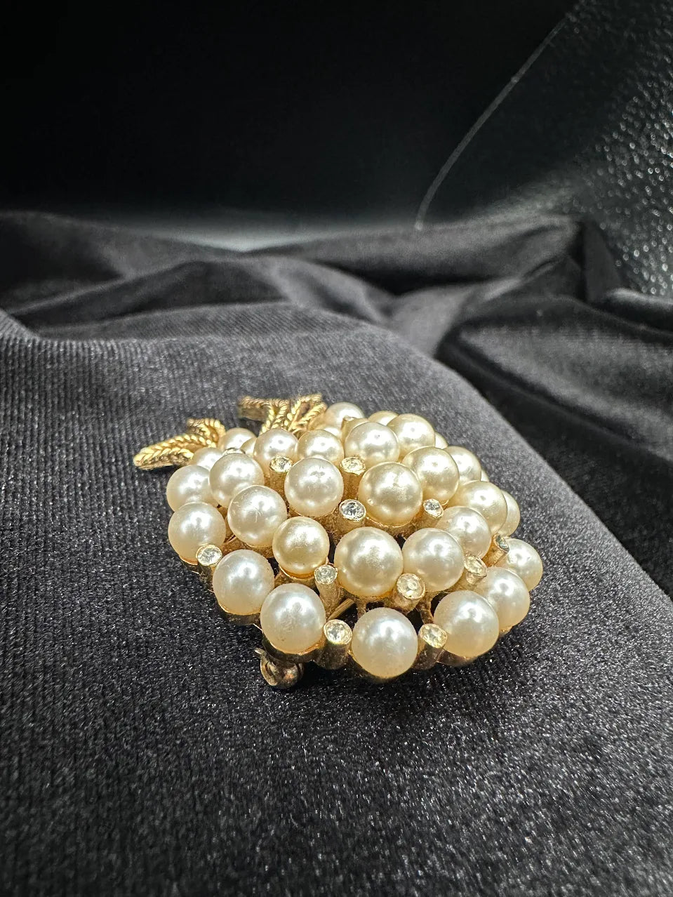 Gold-tone grape cluster brooch with pearl-style beads, clear crystals and textured leaf, view 2
