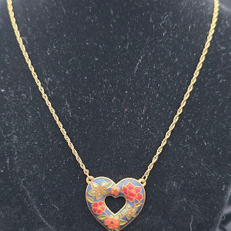 Gold Tone Cloisonné Style Floral Heart Pendant Necklace with Enamel Detail and Open Cutout Center