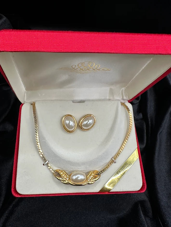 1980s–early 1990s Gold Tone Faux Pearl Necklace and Earring Set With Original Box