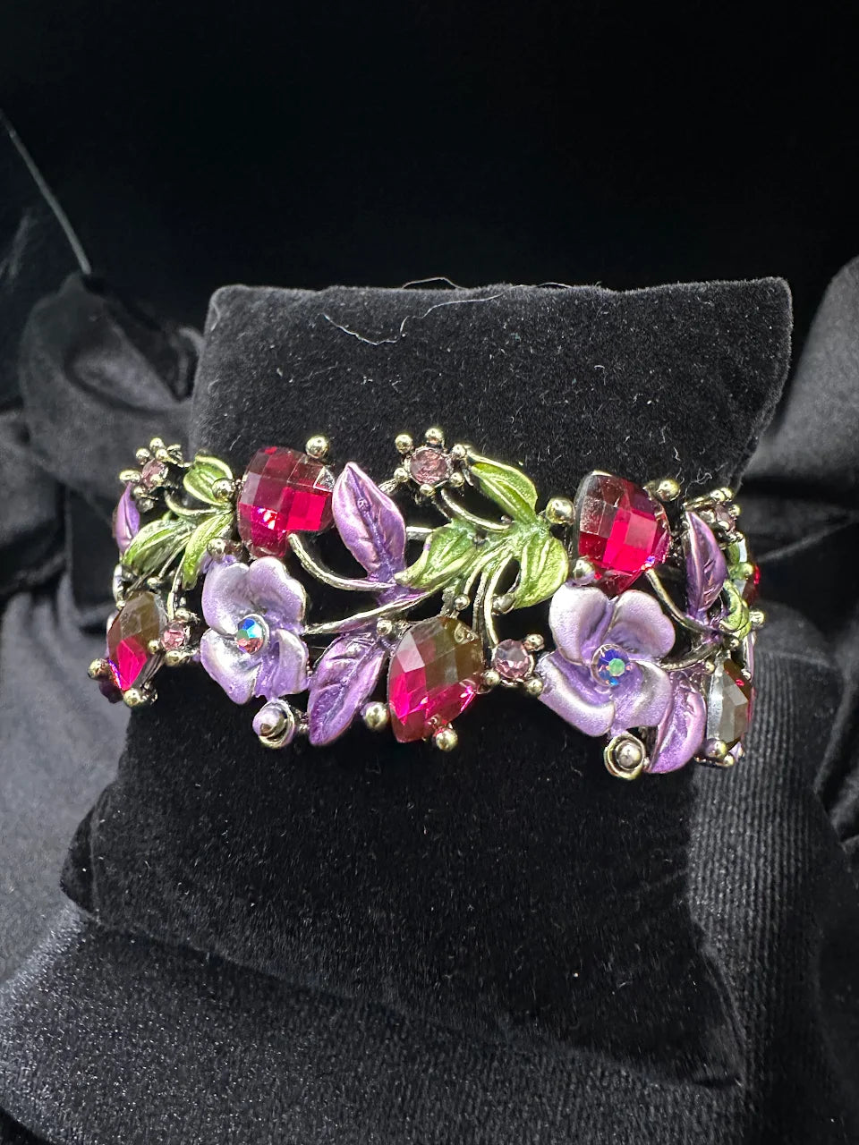 Vintage Gold Tone Purple Floral Crystal Bracelet with Green Enamel Leaves and Pink Rhinestone Accents