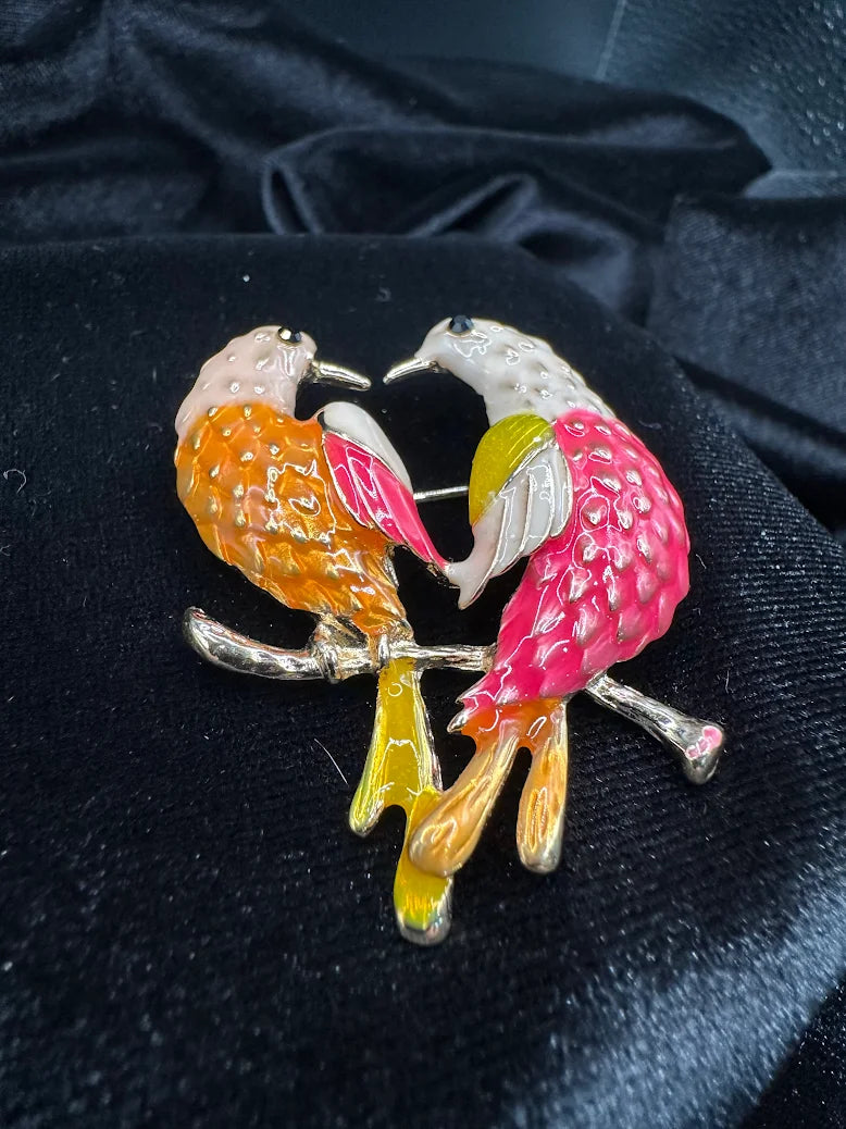 Vintage Gold Tone Enamel Lovebird Brooch Double Bird Pin Pink Orange Rhinestone Accent