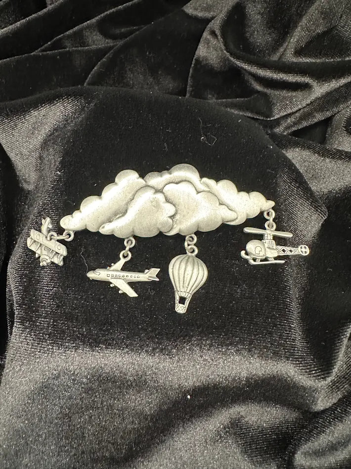 JJ Signed Airplane Brooch Cloud Dangle Pin Jonette Jewelry Hot Air Balloon Helicopter Whimsical