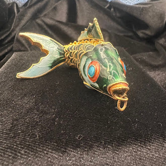 Large Cloisonné Articulated Fish Pendant Green Enamel Gold Tone Wirework Statement Necklace Charm