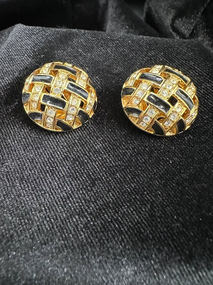 Swarovski Crystal Clip Earrings Gold Tone Black Enamel Woven Dome Rhinestone Vintage Signed