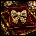 Swarovski Crystal Gold Tone Bow Brooch Pavé Ribbon Pin Elegant Designer Jewelry