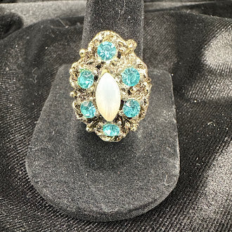 Vintage Style Turquoise Blue Crystal Cluster Ring with Oval White Center Stone | Silver Tone Filigree Statement Ring