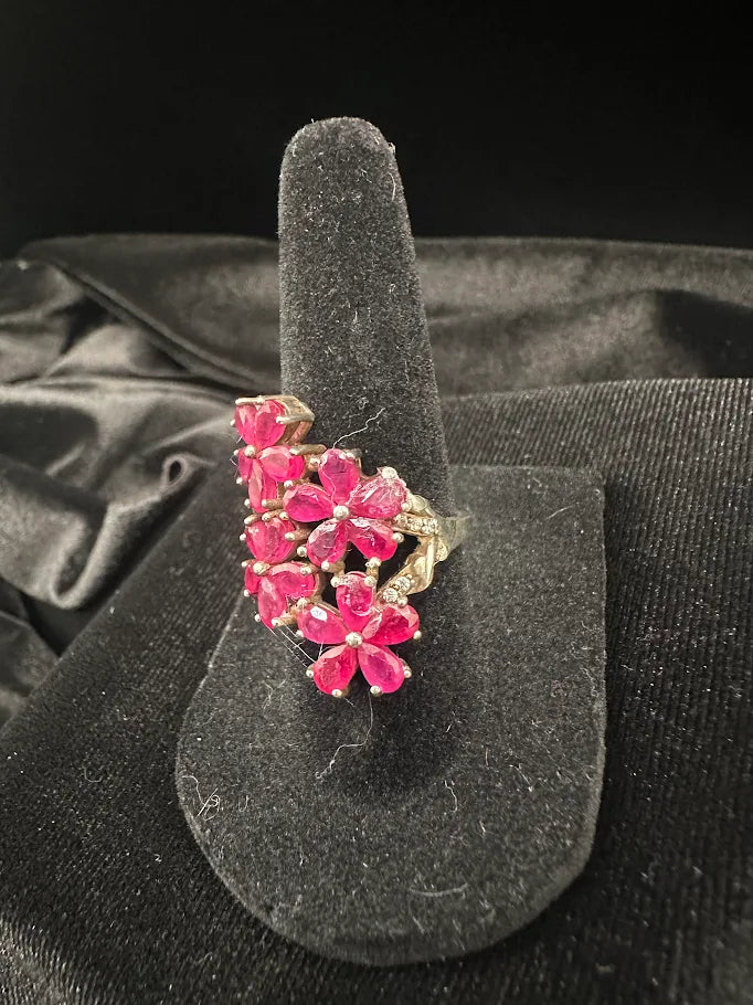 Ruby Floral 925 Sterling Silver Ring | Pink Red Stone Flower Cluster Ring