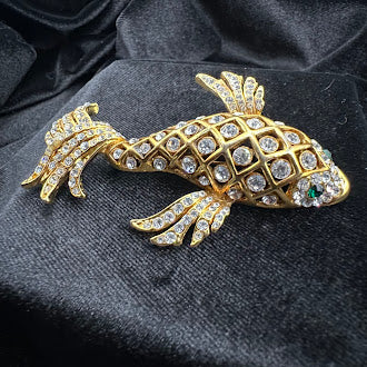 Gold Tone Jeweled Fish Brooch Crystal Lattice Body Green Eye Figural Pin