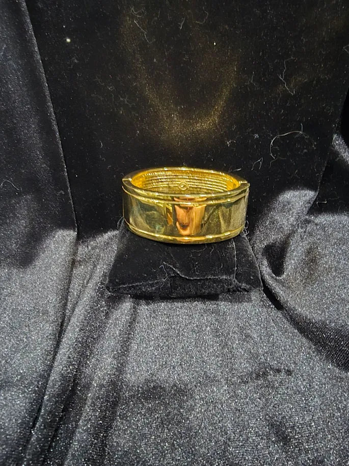 Vintage St. John Gold Tone Wide Rhinestone Hinged Bangle Bracelet Heavy Statement Cuff 97g Designer Jewelry