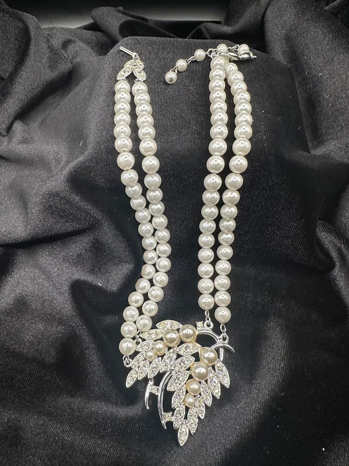 Simons double strand faux pearl necklace with silver-tone crystal leaf pendant, view 2
