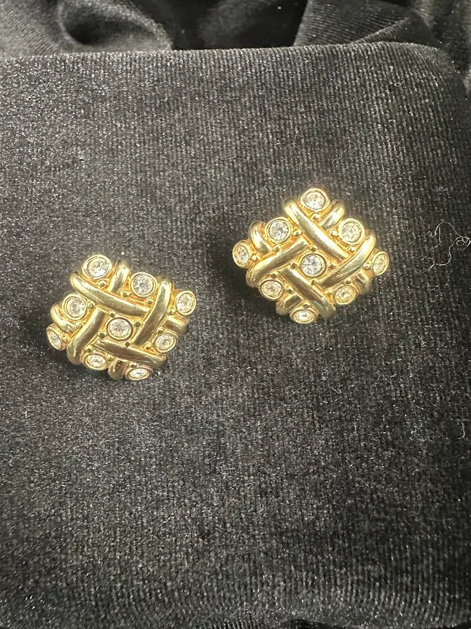 Signed Swarovski gold-tone basketweave clip earrings with clear crystal accents, view 5