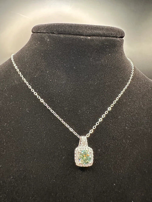 (Mozanite confirm please) Silver tone green stone halo pendant necklace