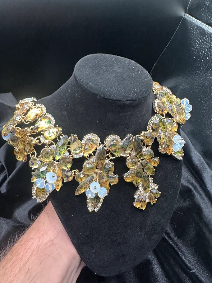 Gold-tone floral crystal statement collar necklace with blue, smoky gray and clear stones, view 2