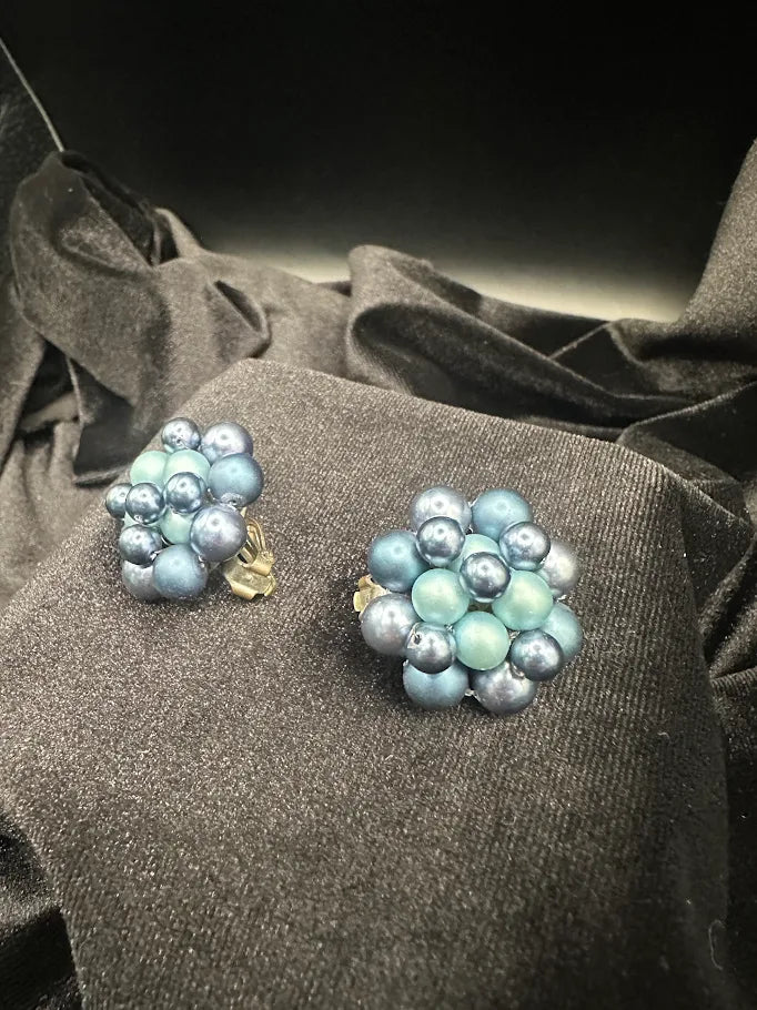 Blue and aqua faux pearl beaded cluster clip earrings with silver-tone clip backs, view 4