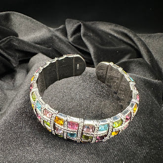 Vintage Wide Multi Color Crystal Grid Bracelet Silver Tone Statement Cuff Rainbow Rhinestone Glam Jewelry