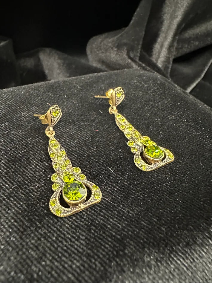 Gold-tone openwork drop earrings with green crystals and clear pavé rhinestones, view 4