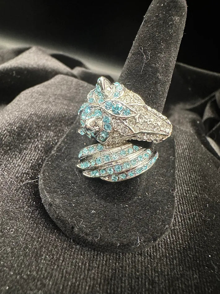 Vintage Horse Head Wrap Ring Silver Tone Blue Rhinestone Equestrian Statement Ring