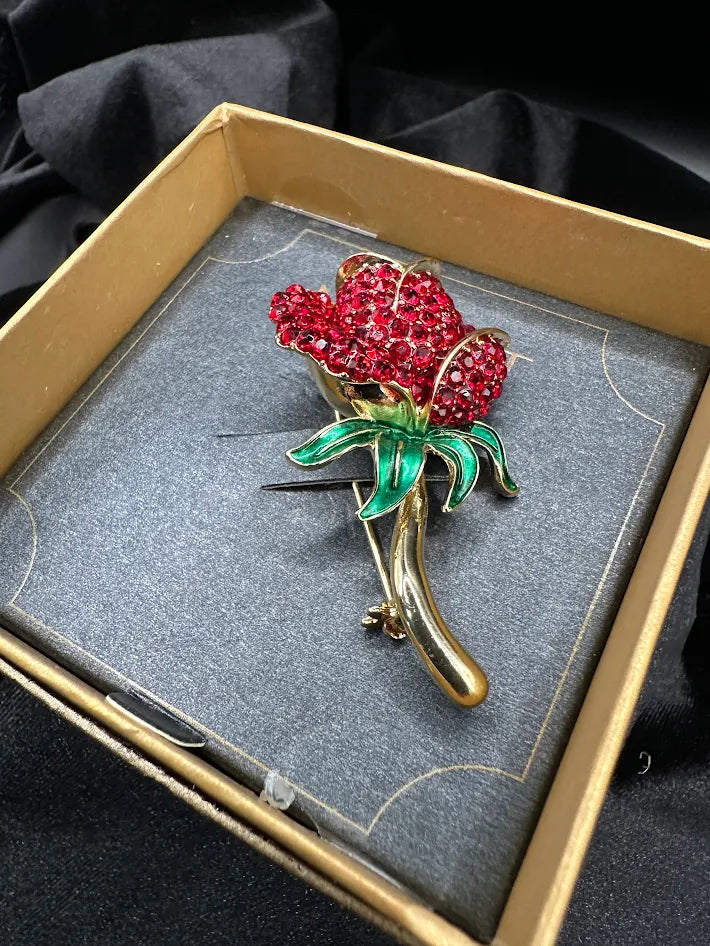 Monet gold-tone rose brooch with red crystal bloom and green enamel leaves, with Monet box, view 2