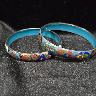 Vintage Cloisonne Enamel Bangle Bracelet Set of 2 in Blue and Black with Floral Motif, Glossy Finish, Curated Estate Stack Style