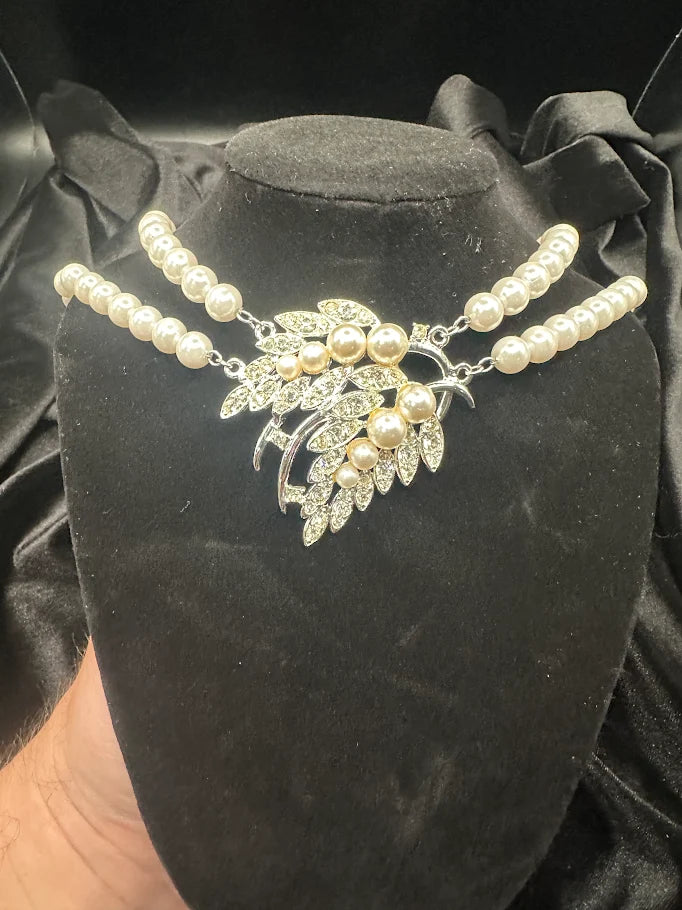 Simons double strand faux pearl necklace with silver-tone crystal leaf pendant, view 6