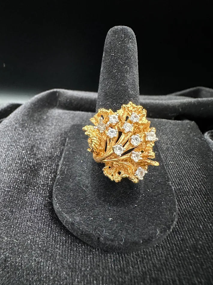 Vintage Gold Tone Leaf Cluster Ring Clear Rhinestone Statement Ring Floral Cocktail Ring