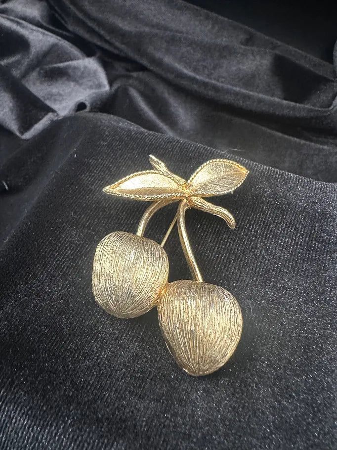 Gold-tone cherry brooch with textured fruit and leaf, view 2