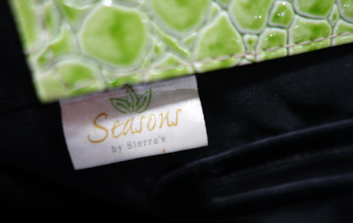 Large zebra print tote with pink and green croc-embossed trim and black handles, view 6