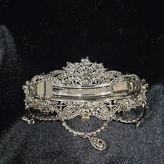 Vintage Style Silver Tone Rhinestone Barrette Hair Clip with Pink and Lavender Crystals, Ornate Filigree Scrollwork, Bridal Glam Accessory