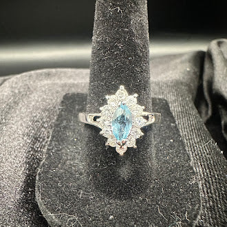 Sterling Silver 925 Blue Topaz Ring Marquise Cut Halo CZ Accents Size 7