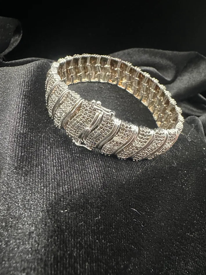 CU Signed Silver Tone Pavé CZ Bracelet Wide Statement Diamond-Like Tennis Bracelet 38.1g