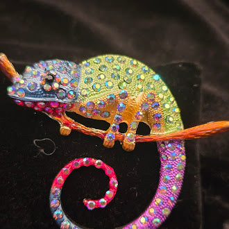 Gold-tone chameleon brooch with multicolor pavé rhinestones and curled tail on a branch, view 3