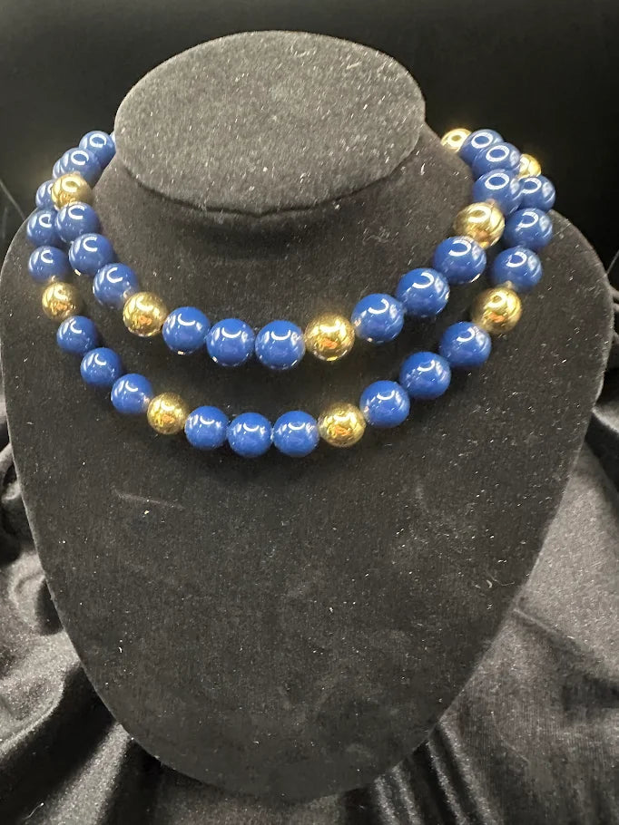 (SOLD) Lapis Blue and Gold Tone Bead Double Strand Necklace
